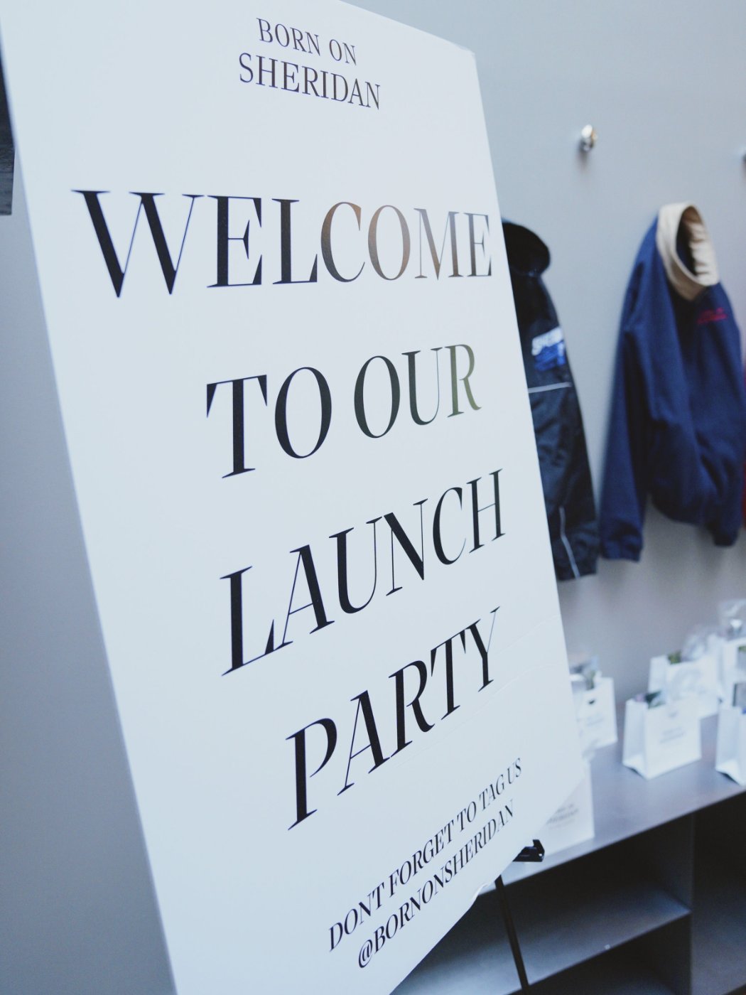 Welcome sign at the Born on Sheridan launch party